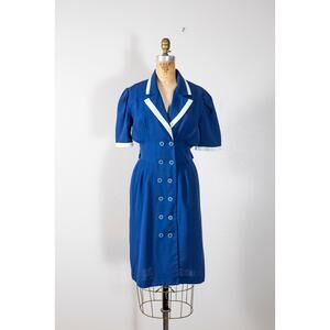 Vintage 80s Navy Blue Sailor Dress, Midi Length, Button Front, Retro Costume, Sm